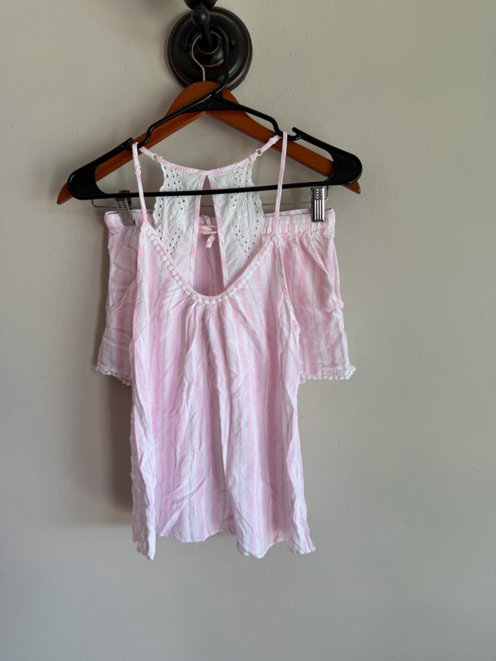 In‎ Bloom by Jonquil Pink White Striped Eyelet Lace Pajama Set XS GGA140